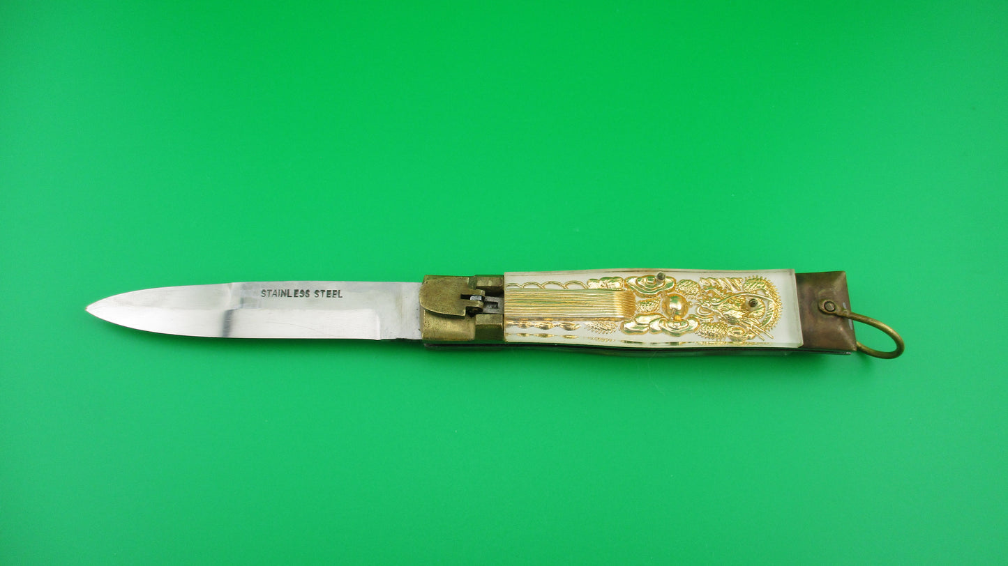 STAINLESS STEEL Bullfighter Dragon 19cm vintage Lever Bayonet White switchblade knife