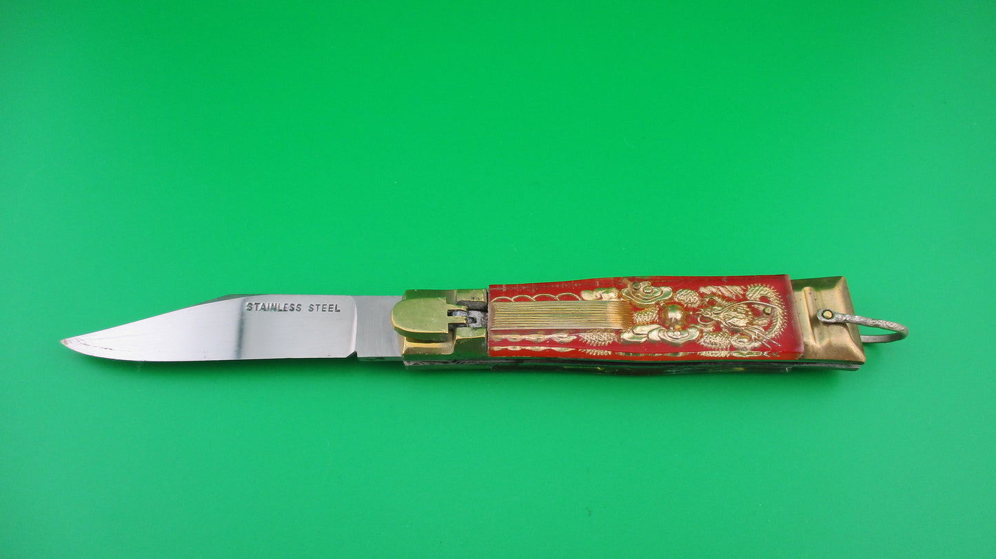 z STAINLESS STEEL Bullfighter 19cm Red Gold Vintage Mexican Souvenir lever switchblade