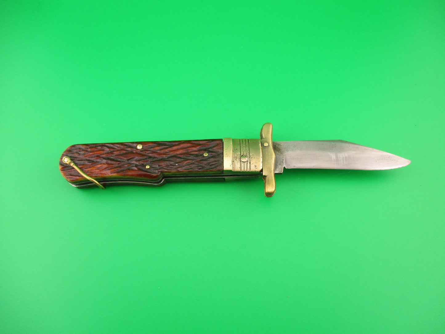 ELEX 20cm Japanese vintage Lever swing guard jigged bone & brass automatic knife