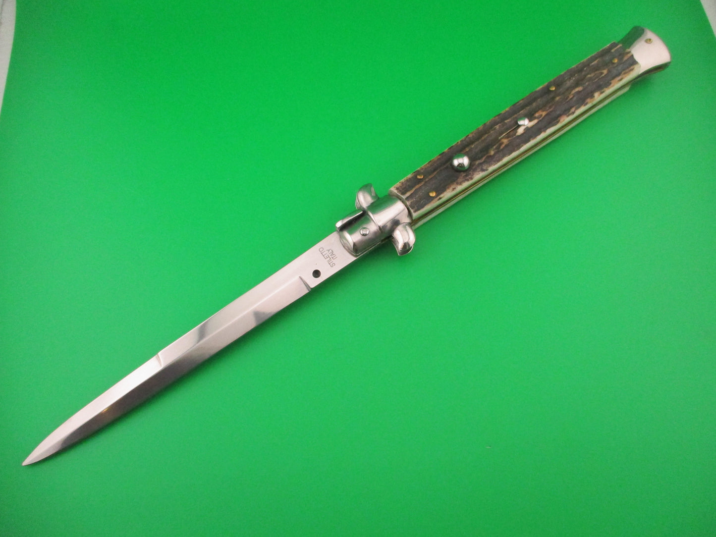 STILETTO ITALY 33cm Italian Swivel bolster Stag 1980s vintage automatic knife