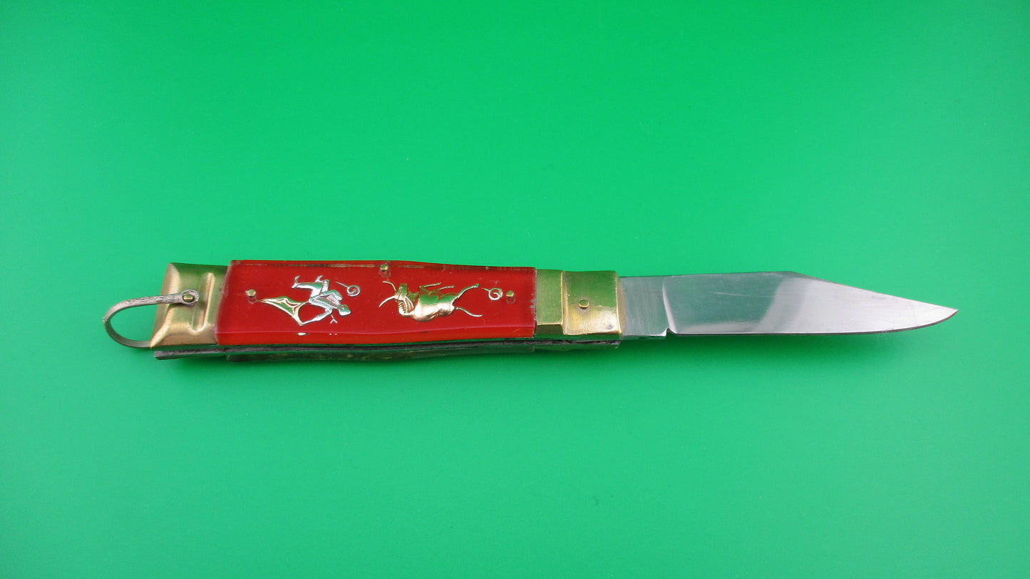z STAINLESS STEEL Bullfighter 19cm Red Gold Vintage Mexican Souvenir lever switchblade