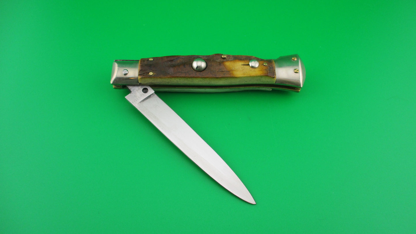 Rare Rostfre 2 PATENT 18cm Italian Stag Lockback Swinger style Automatic knife NOS Belgium