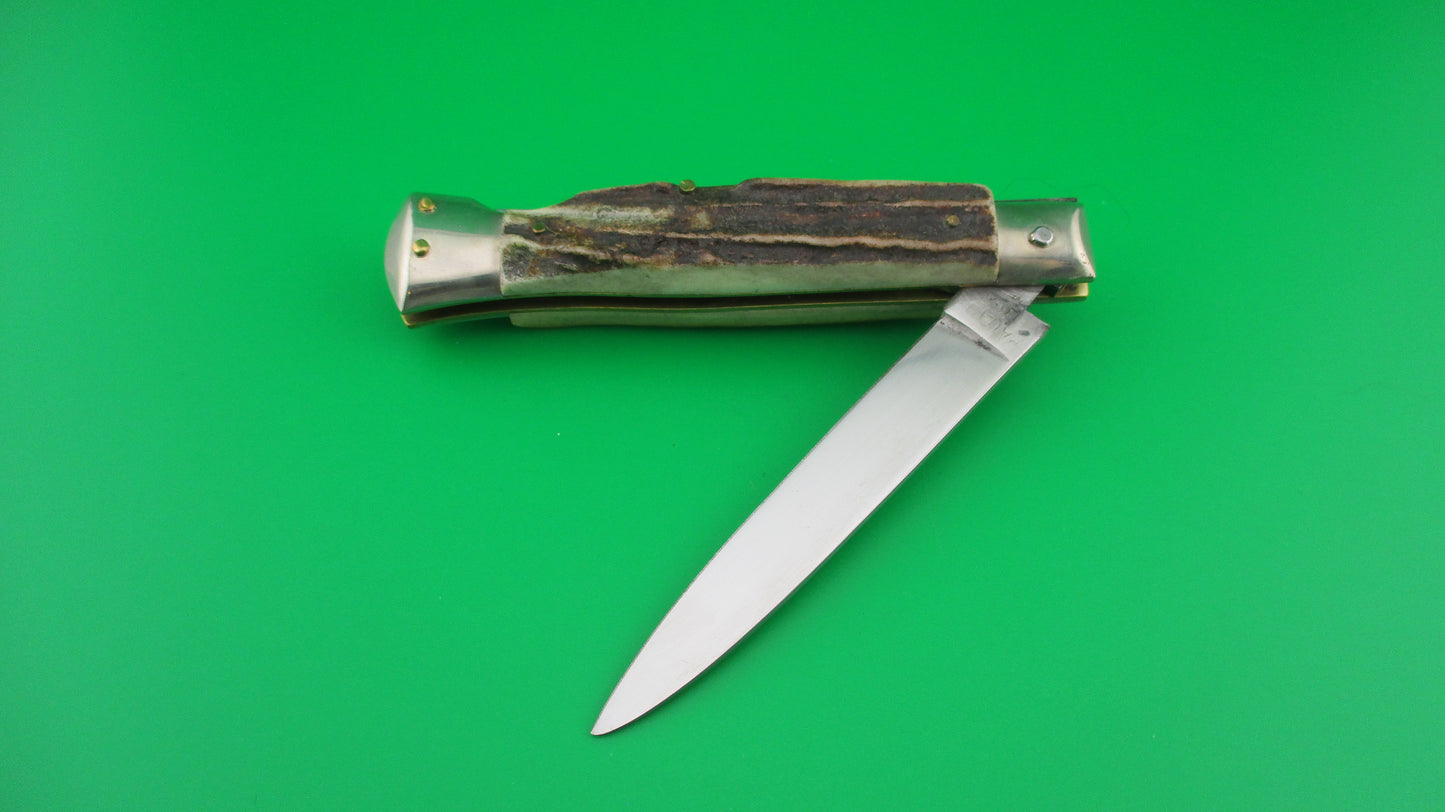 Rare Rostfre 2 PATENT 18cm Italian Stag Lockback Swinger style Automatic knife NOS Belgium