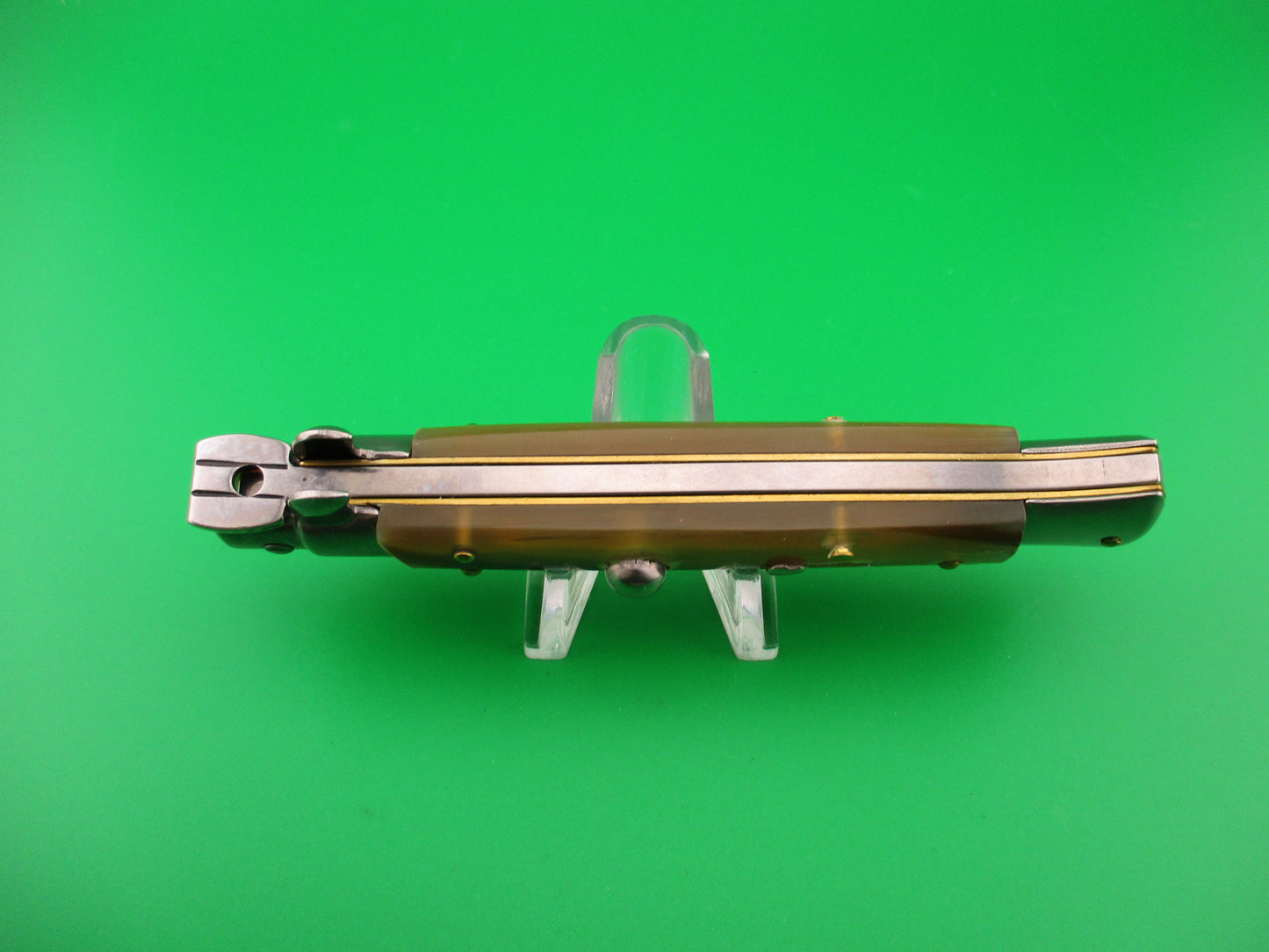 FRANK B 23cm Italian Stiletto Light Honey & Caramel horn swivel bolster automatic knife