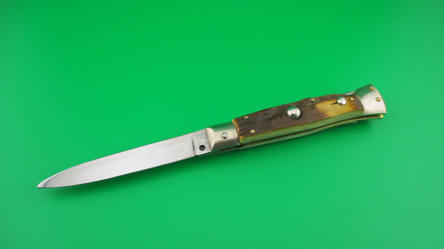 Rare Rostfre 2 PATENT 18cm Italian Stag Lockback Swinger style Automatic knife NOS Belgium
