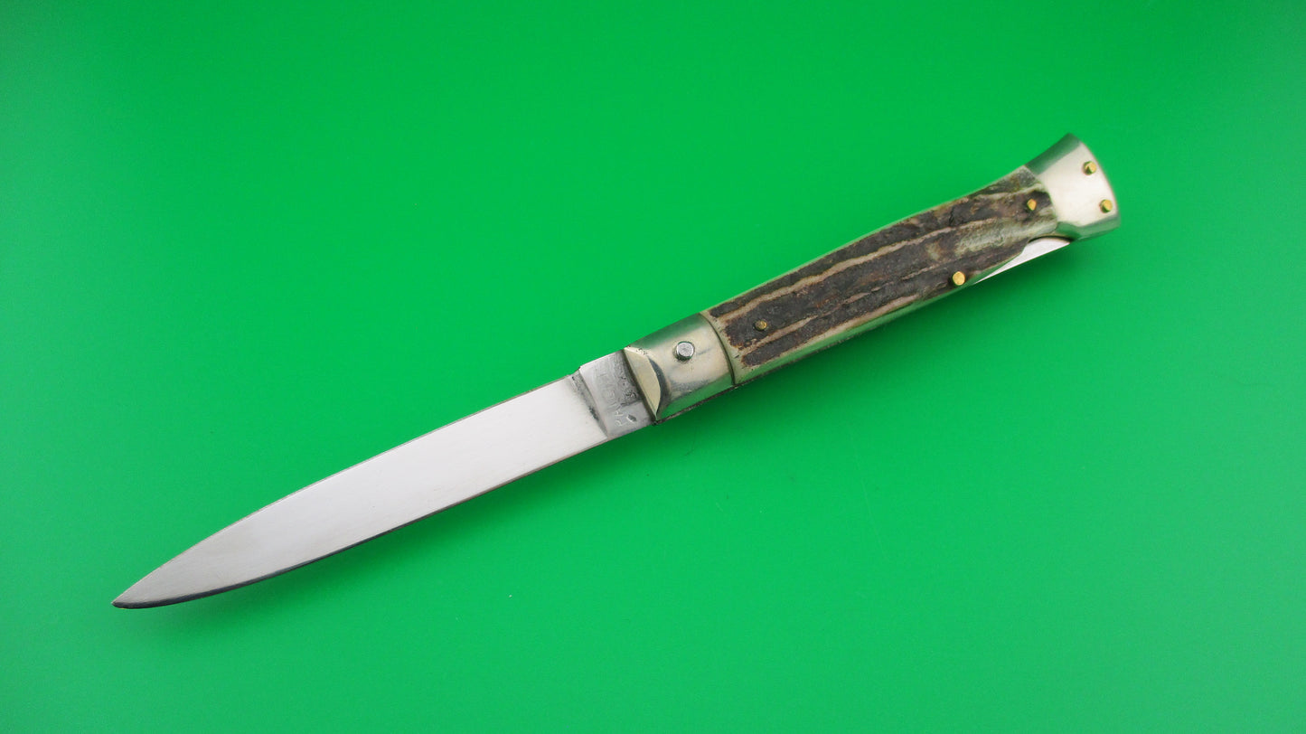 Rare Rostfre 2 PATENT 18cm Italian Stag Lockback Swinger style Automatic knife NOS Belgium