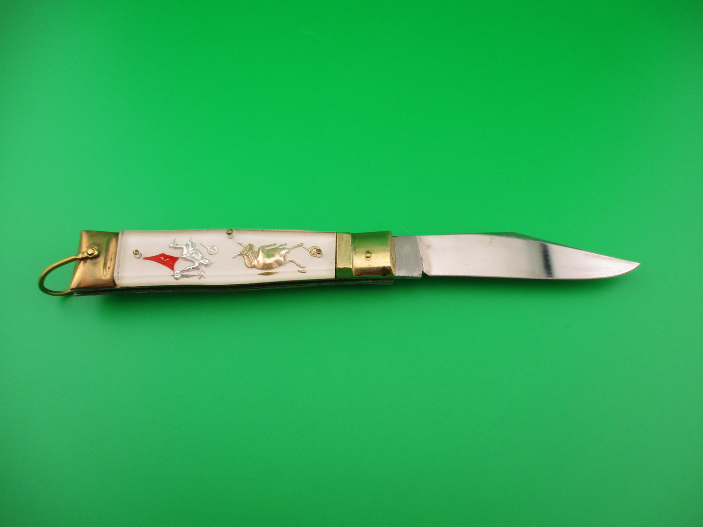 STAINLESS STEEL 19cm Bullfighter Dragon vintage White Lever switchblade knife