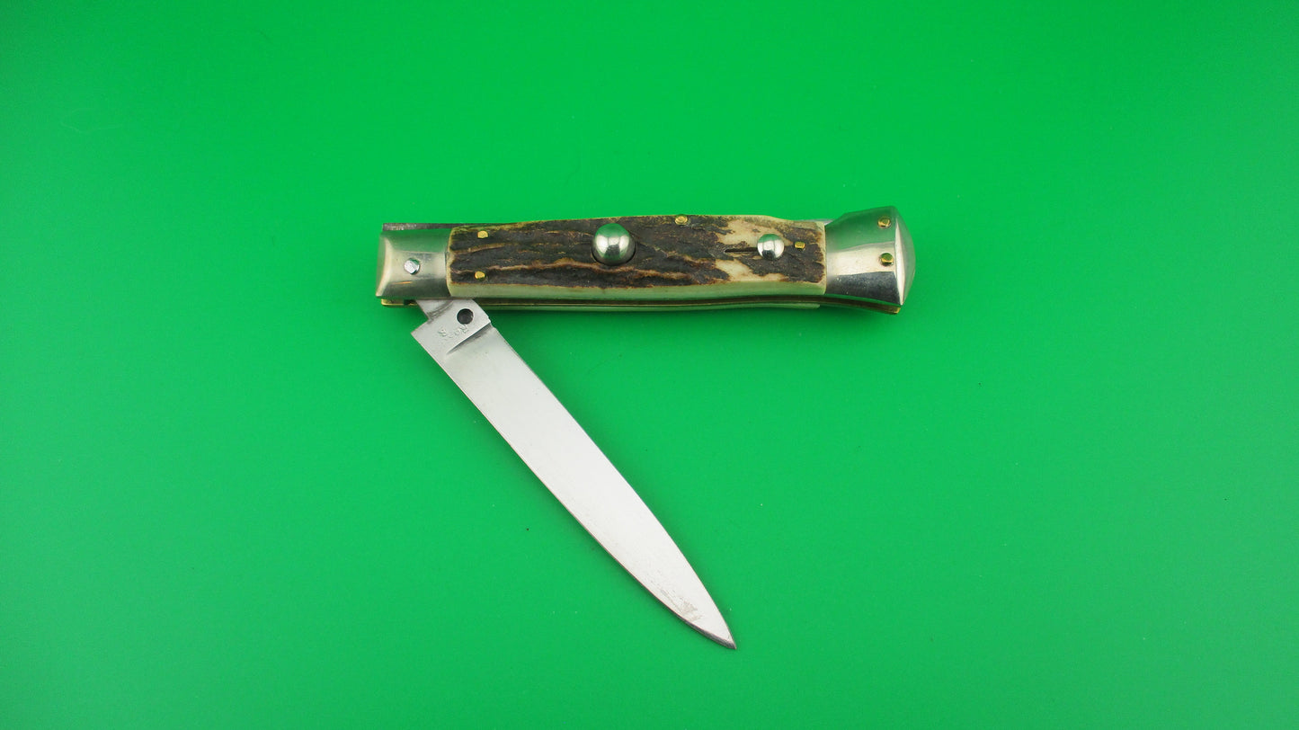 Rostfre 8 PATENT 18cm Italian Stag Lockback Rare Swinger style Automatic knife NOS Belgium