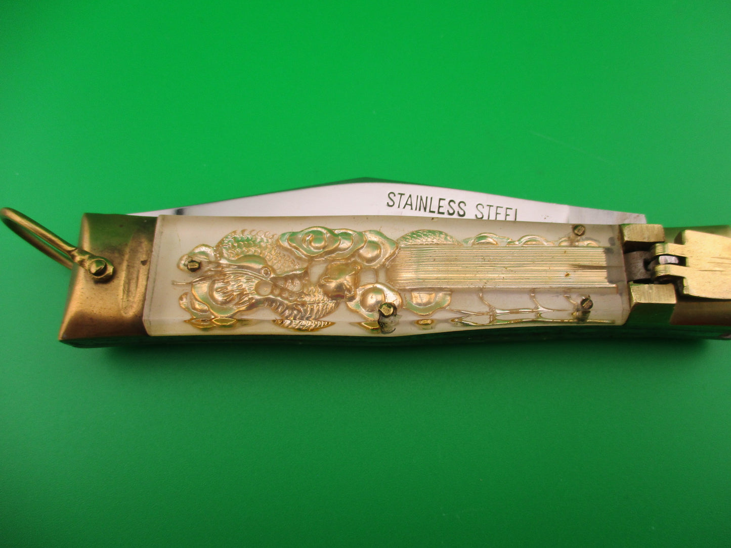 STAINLESS STEEL 19cm Bullfighter Dragon vintage White Lever switchblade knife