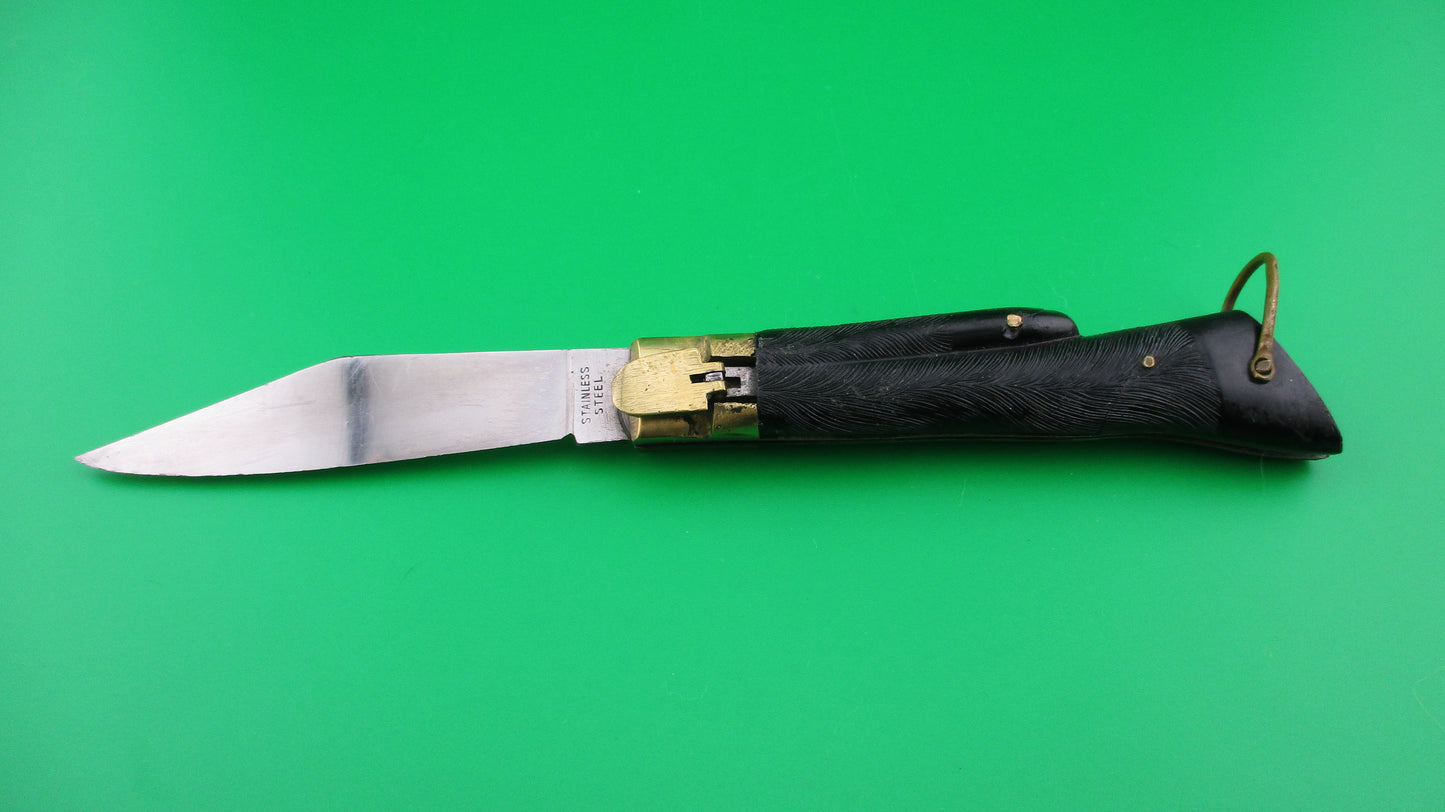 STAINLESS STEEL 19cm (7.5 inches) Japanese Black Deer Foot Hoof Lever switchblade