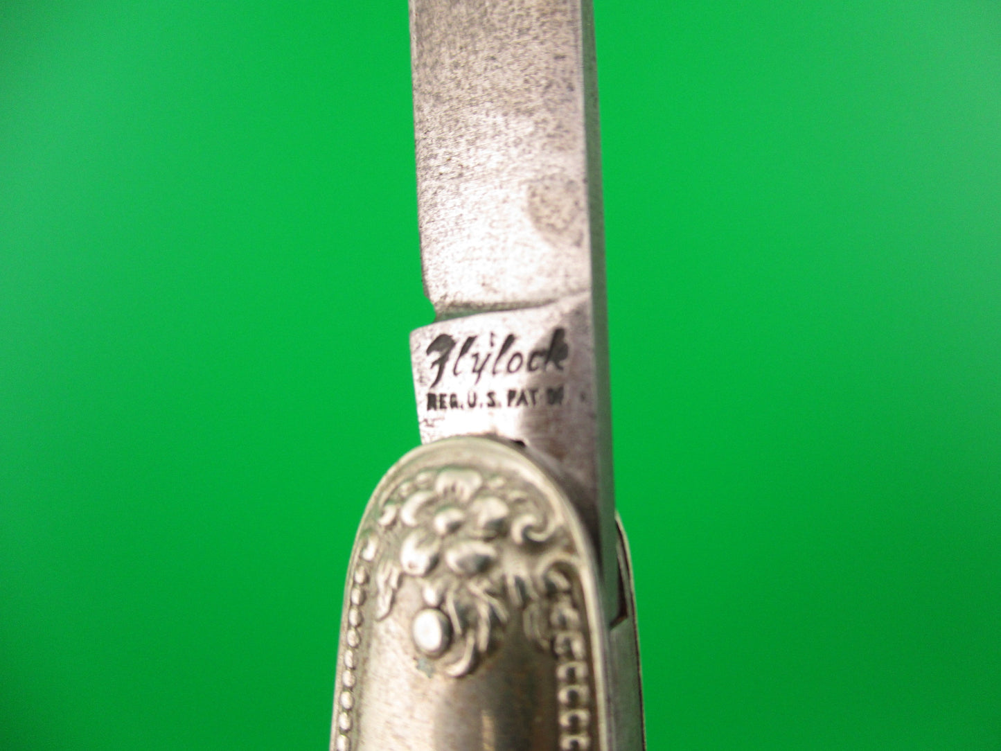 Flylock Double Nickel Silver plated Ornate metal handled antique switchblade knife