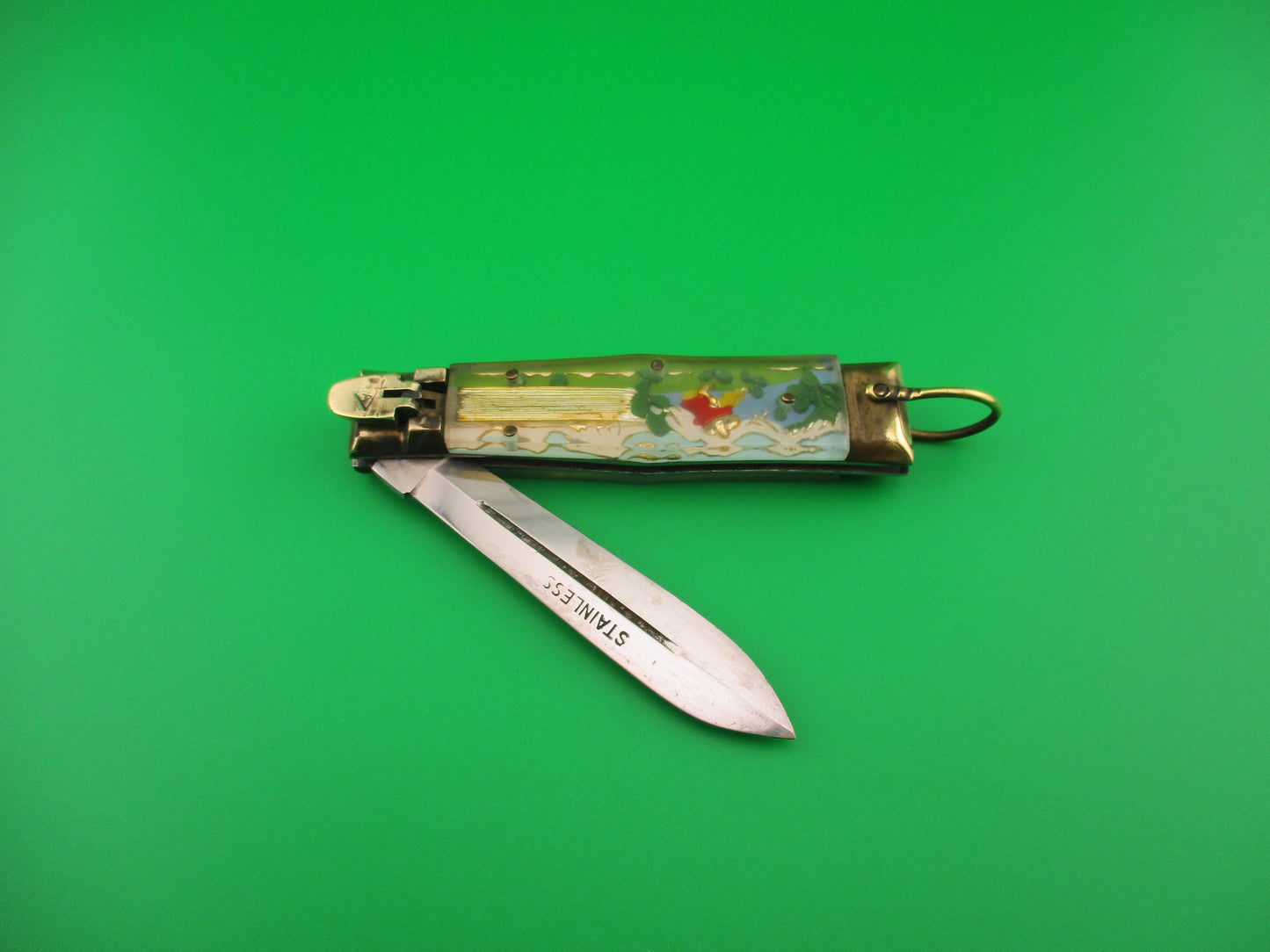 STAINLESS 17cm Japanese Bullfighter Siesta spear blade brass lever switchblade