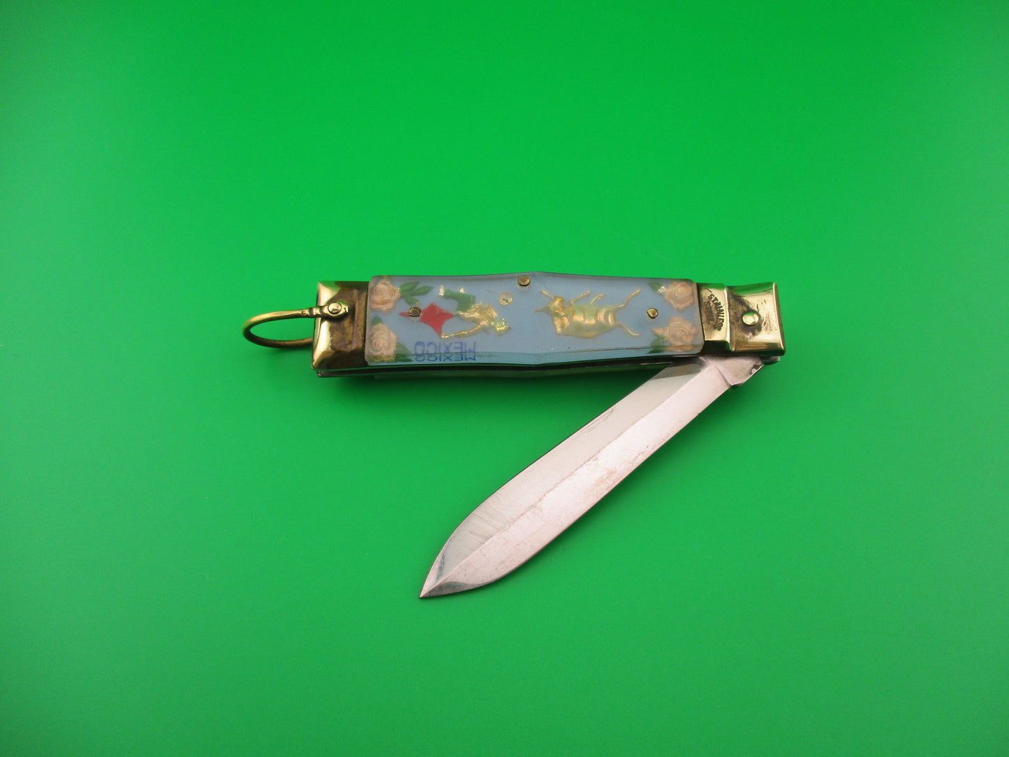 STAINLESS 17cm Japanese Bullfighter Siesta spear blade brass lever switchblade