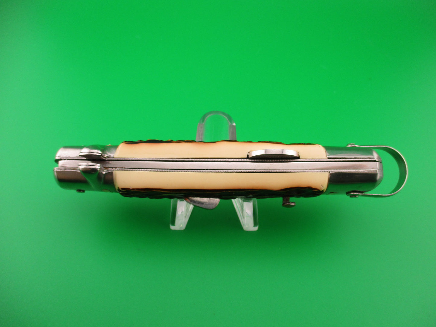 BARGEON INOX 22cm French Crossguard Imitation Stag automatic knife w lanyard ring