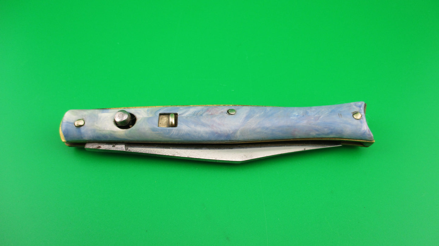Edgemaster Fishtail Blue White Pink swirl 1950s vintage switchblade