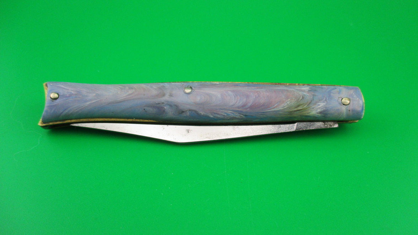 Edgemaster Fishtail Blue White Pink swirl 1950s vintage switchblade