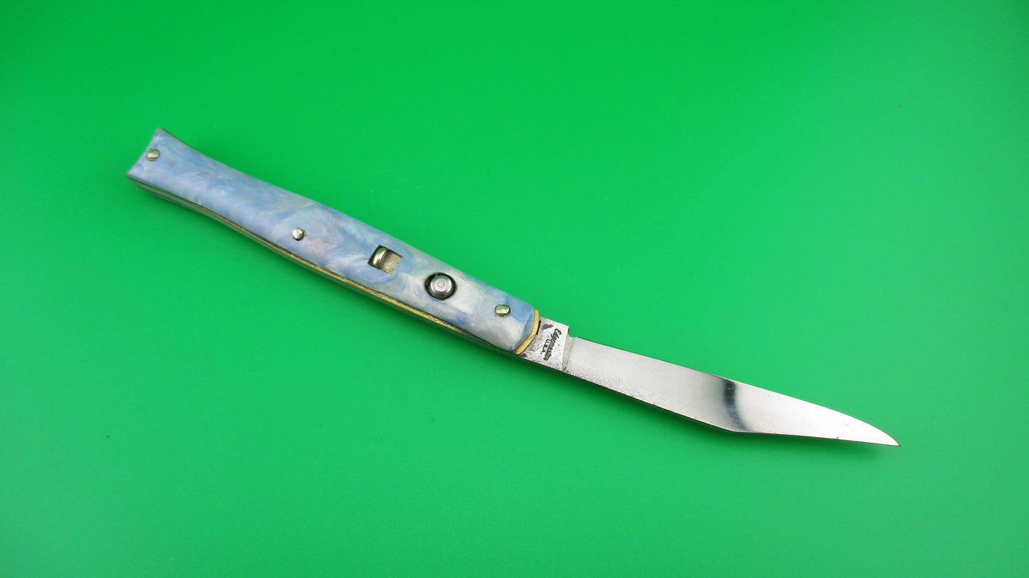 Edgemaster Fishtail Blue White Pink swirl 1950s vintage switchblade