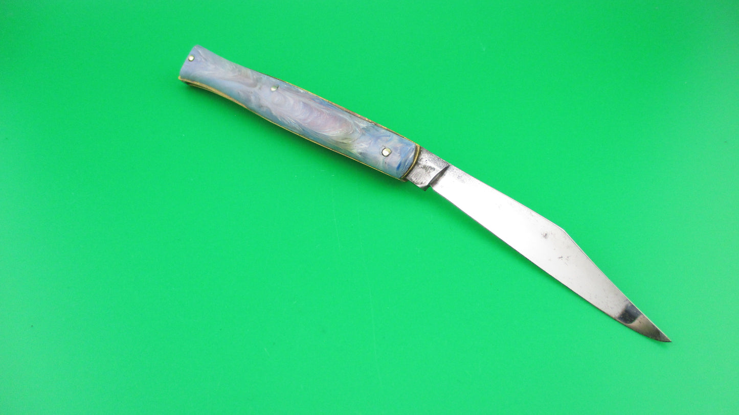 Edgemaster Fishtail Blue White Pink swirl 1950s vintage switchblade