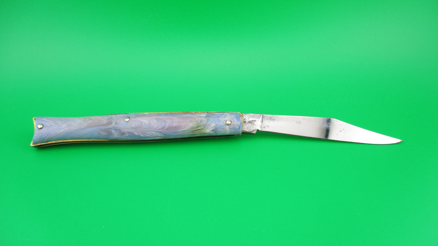 Edgemaster Fishtail Blue White Pink swirl 1950s vintage switchblade