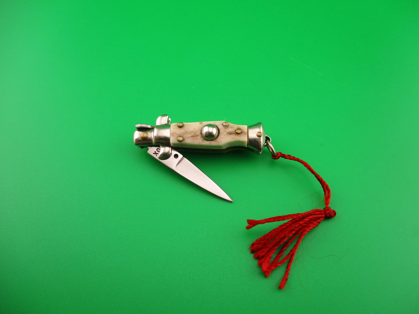 INOX 7cm Italian Mini Picklock Stag 4 pin vintage automatic knife with Red tassel