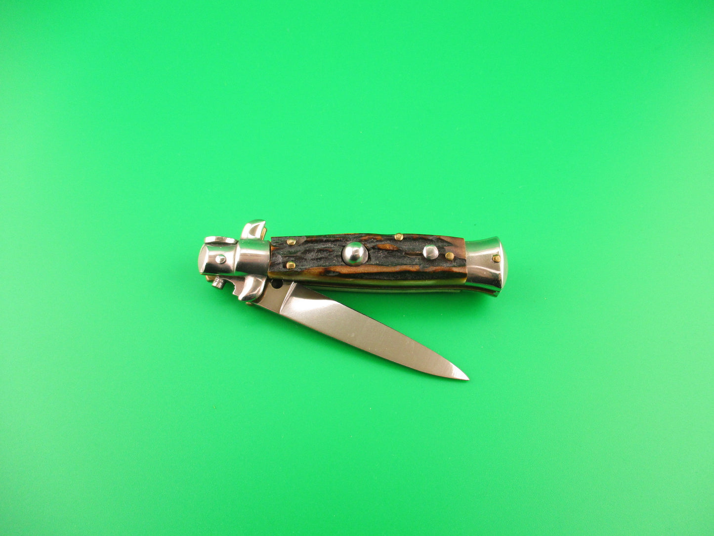 ROSTFREI 14cm Italian Stag stiletto Oreste Dibon swivel bolster automatic knife