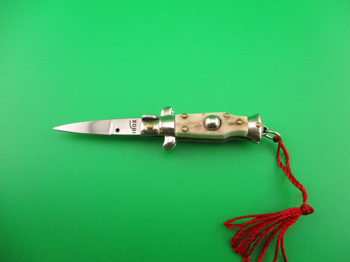 INOX 7cm Italian Mini Picklock Stag 4 pin vintage automatic knife with Red tassel