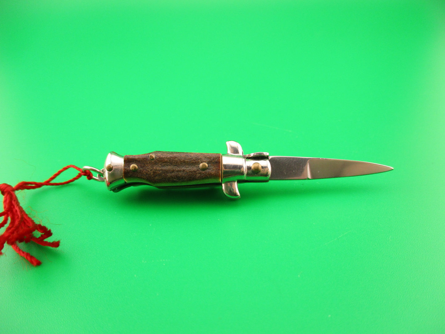 INOX 7cm Italian Mini Picklock Stag 4 pin vintage automatic knife with Red tassel