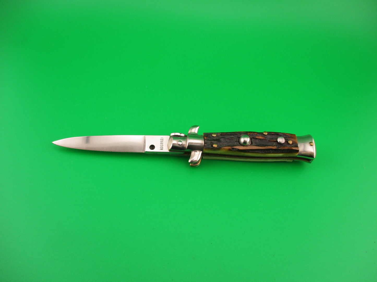 ROSTFREI 14cm Italian Stag stiletto Oreste Dibon swivel bolster automatic knife