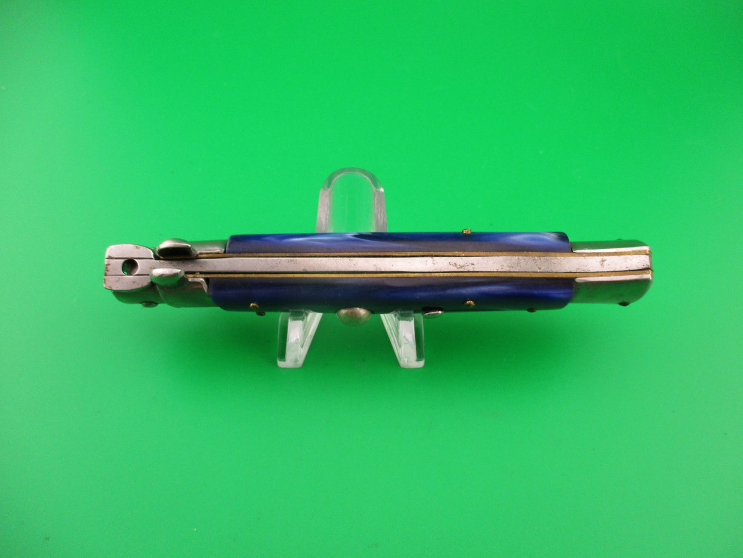 ERN (crown & scimitar) Rostfrei 21cm Italian Swivel bolster blue acrylic automatic knife