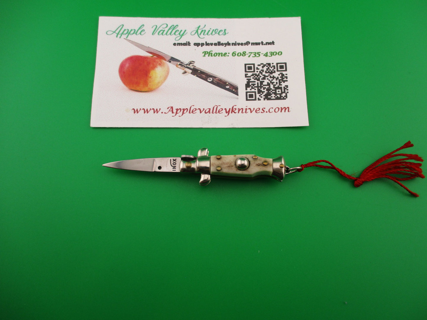 INOX 7cm Italian Mini Picklock Stag 4 pin vintage automatic knife with Red tassel