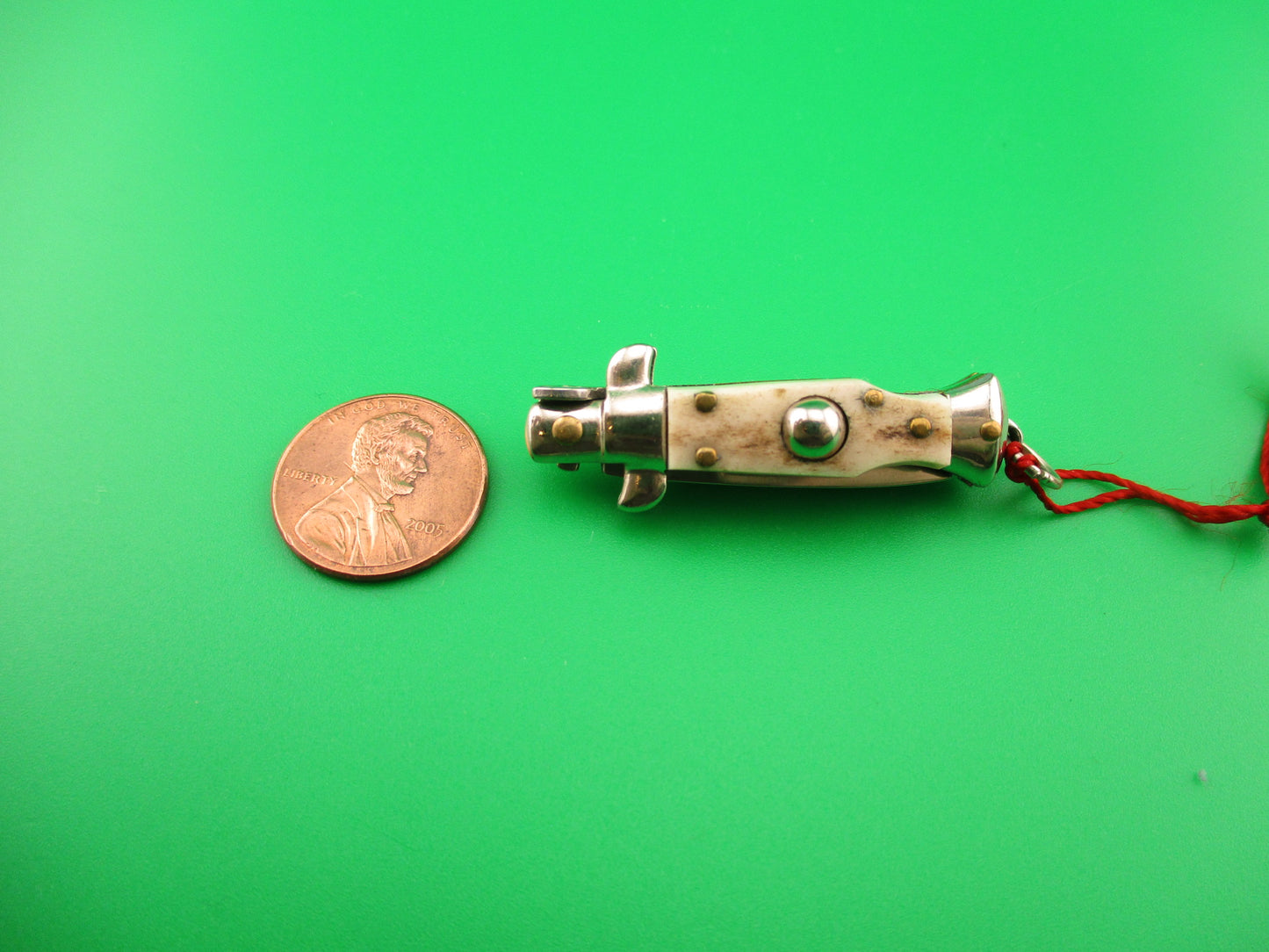 INOX 7cm Italian Mini Picklock Stag 4 pin vintage automatic knife with Red tassel