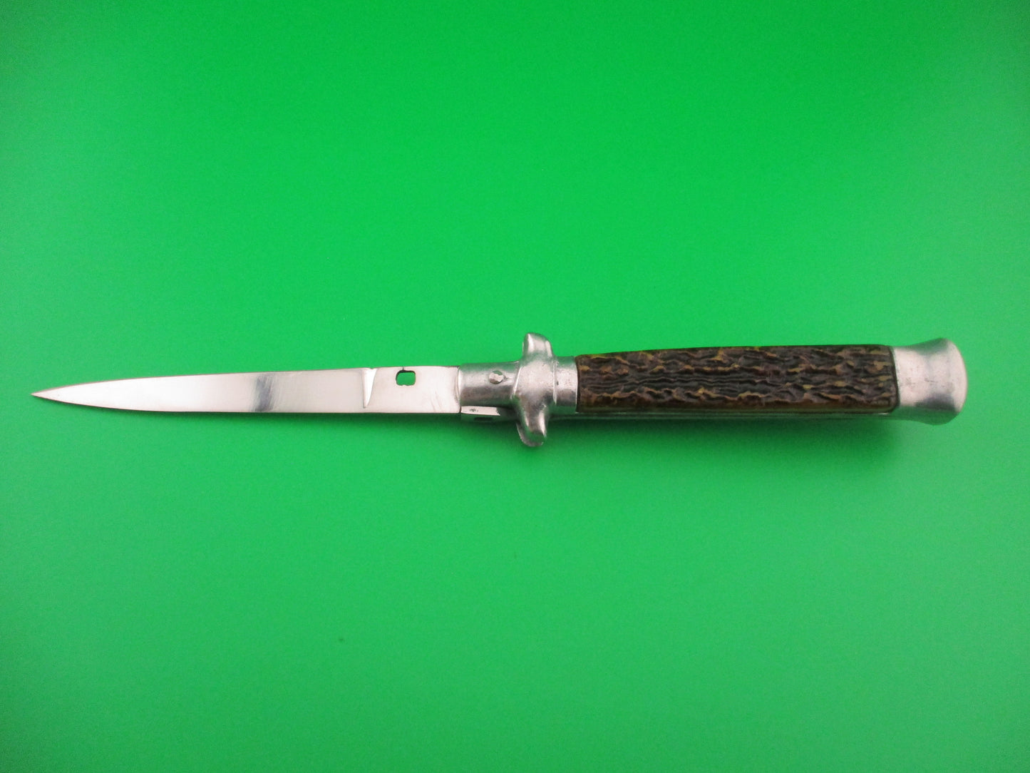 PAT 220374 INOX 21cm Spanish Faux Stag smaller Stiletto Switchblade knife