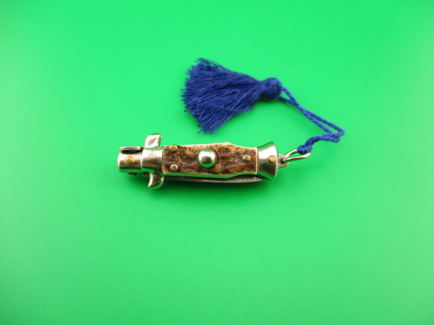 INOX ITALY 7cm Italian Mini Picklock Stag 3 pin vintage automatic knife with Blue tassel