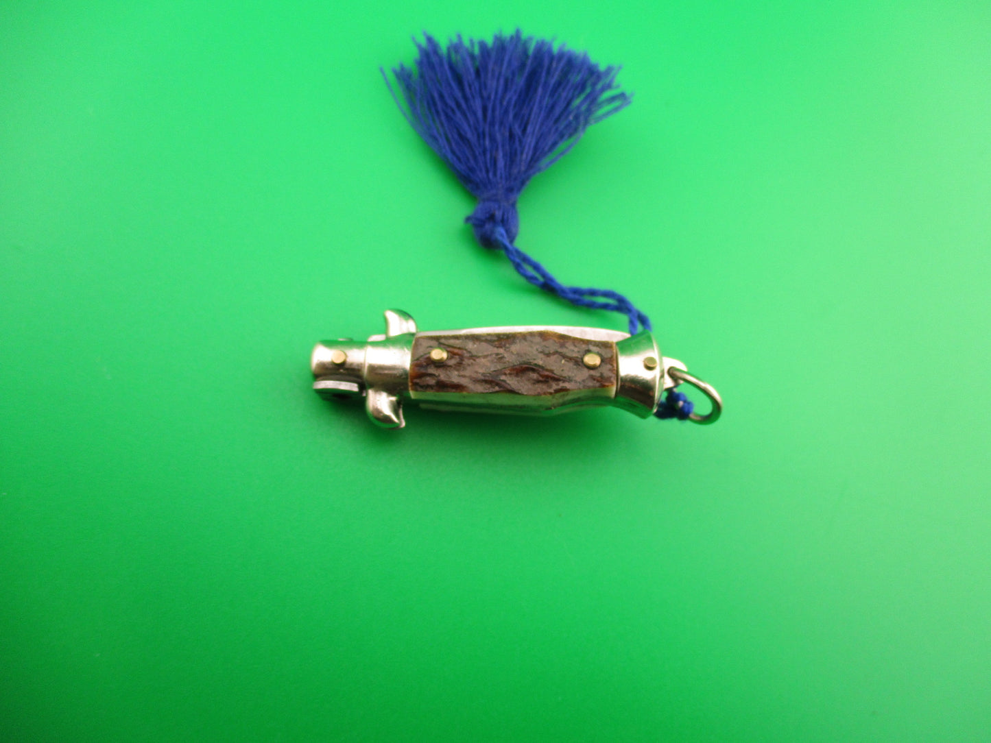INOX ITALY 7cm Italian Mini Picklock Stag 3 pin vintage automatic knife with Blue tassel