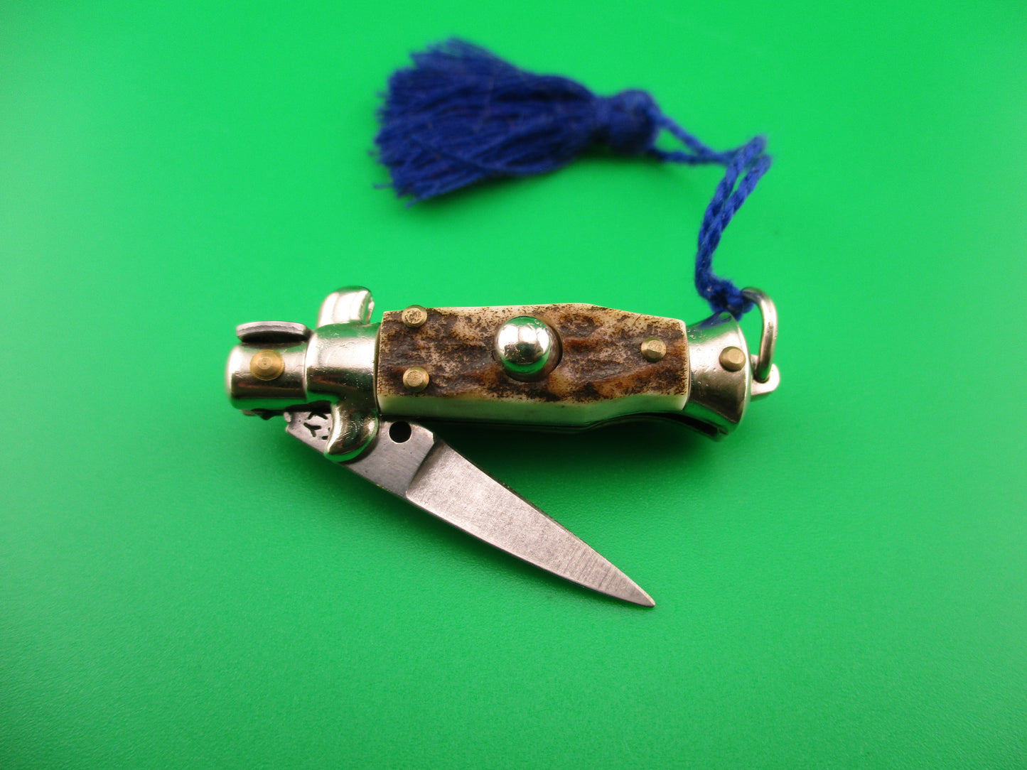INOX ITALY 7cm Italian Mini Picklock Stag 3 pin vintage automatic knife with Blue tassel