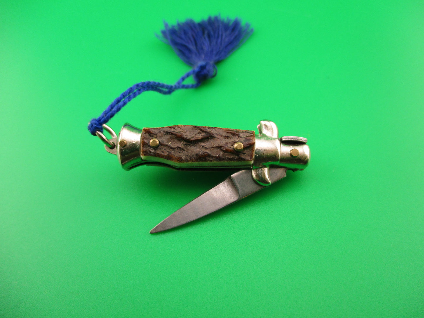 INOX ITALY 7cm Italian Mini Picklock Stag 3 pin vintage automatic knife with Blue tassel