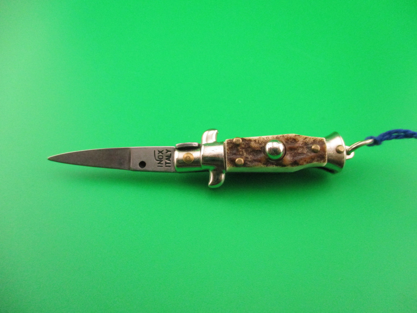INOX ITALY 7cm Italian Mini Picklock Stag 3 pin vintage automatic knife with Blue tassel