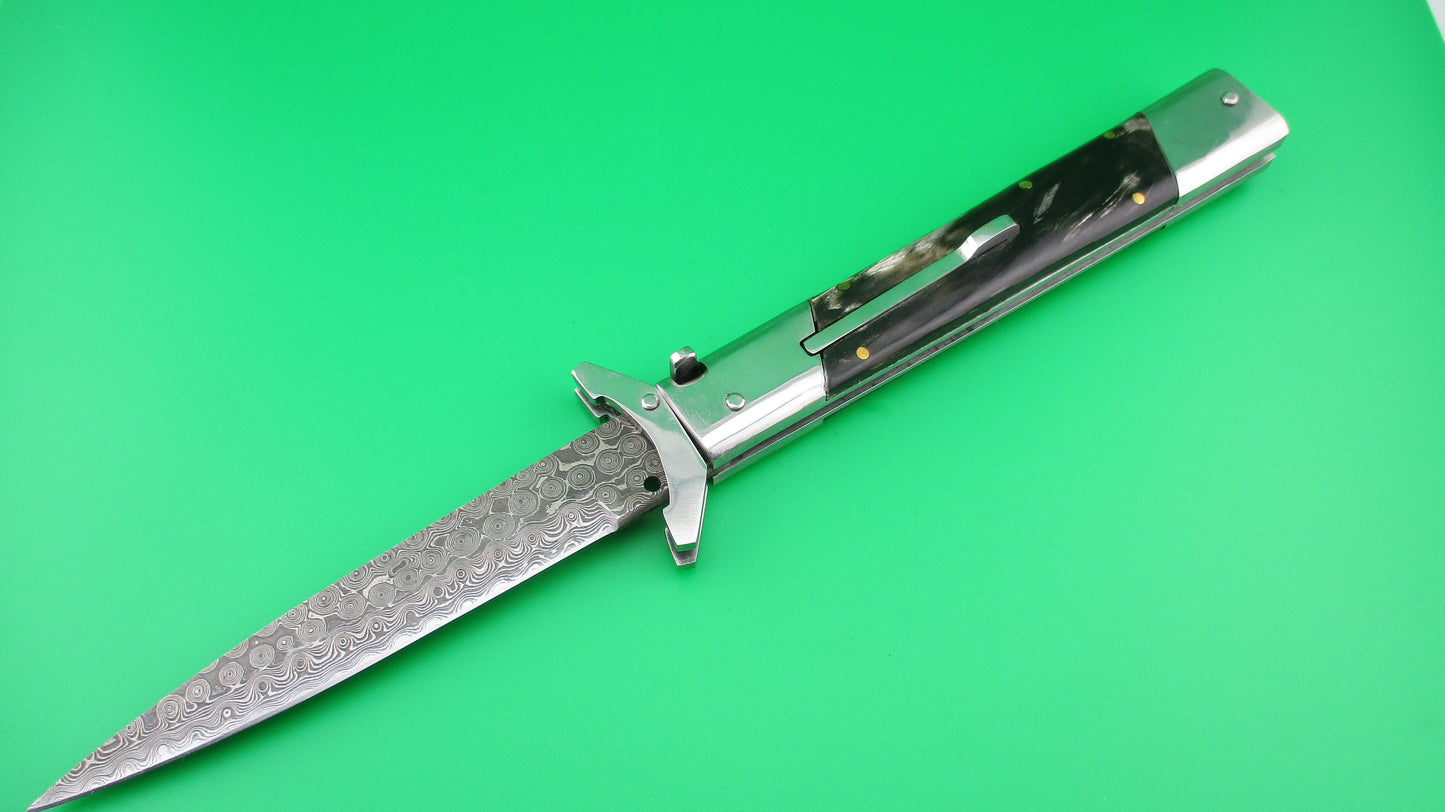 z Custom 29cm Horn & Damascus Dagger Swing guard switchblade knife by Samir Ahmad