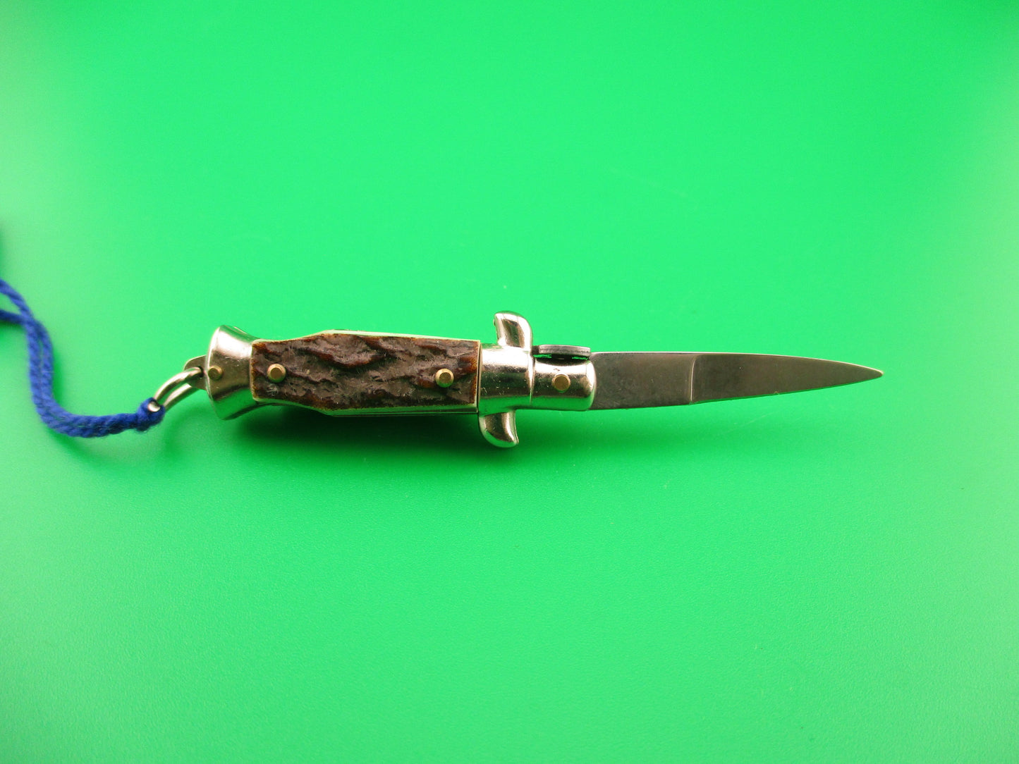 INOX ITALY 7cm Italian Mini Picklock Stag 3 pin vintage automatic knife with Blue tassel