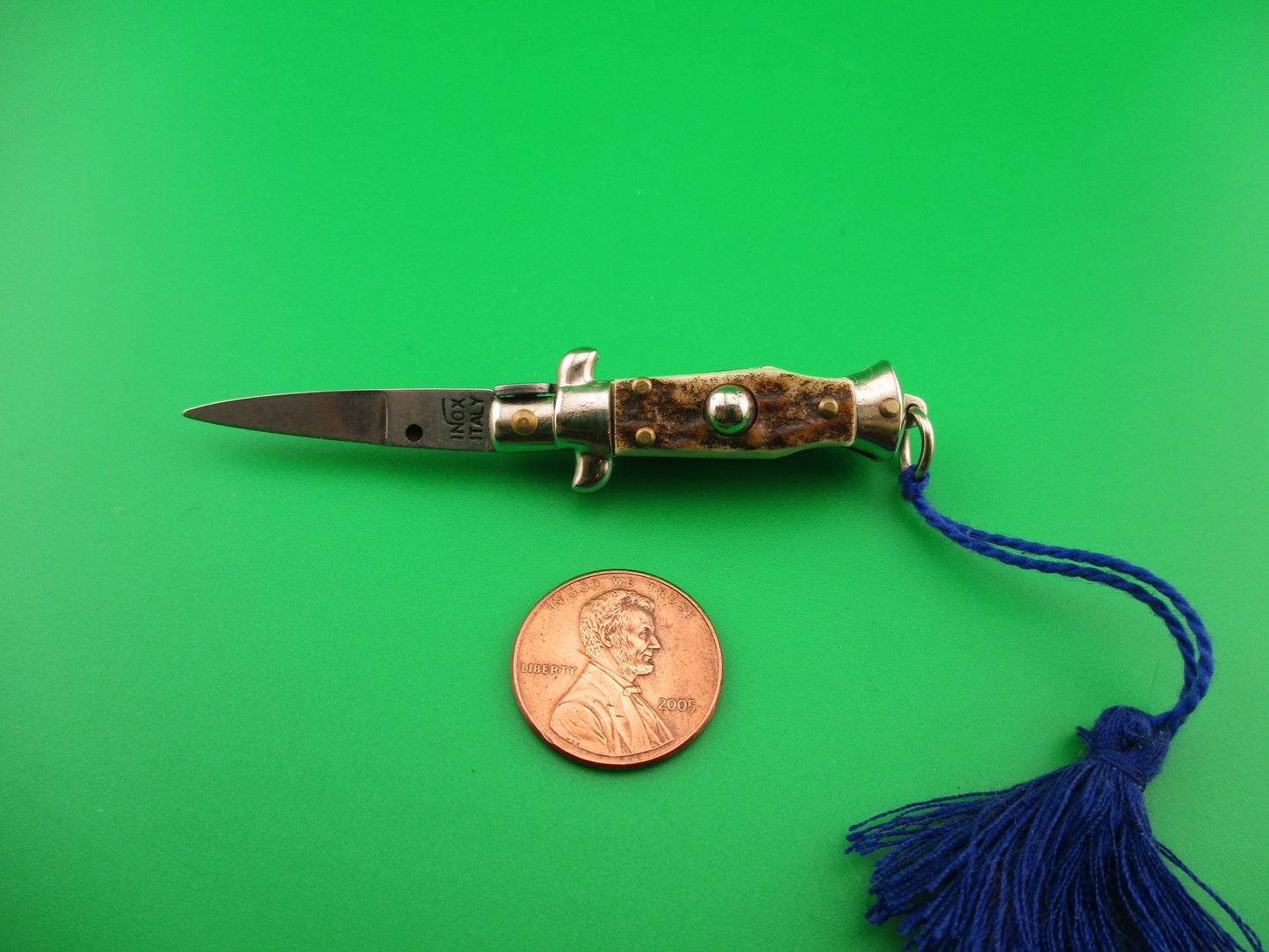 INOX ITALY 7cm Italian Mini Picklock Stag 3 pin vintage automatic knife with Blue tassel