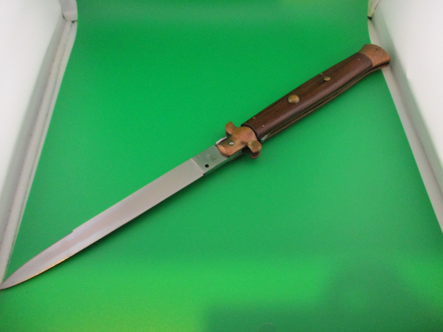 Rostfrei 45cm Italian Stiletto Wood/Brass 18 inch Swivel bolster automatic knife
