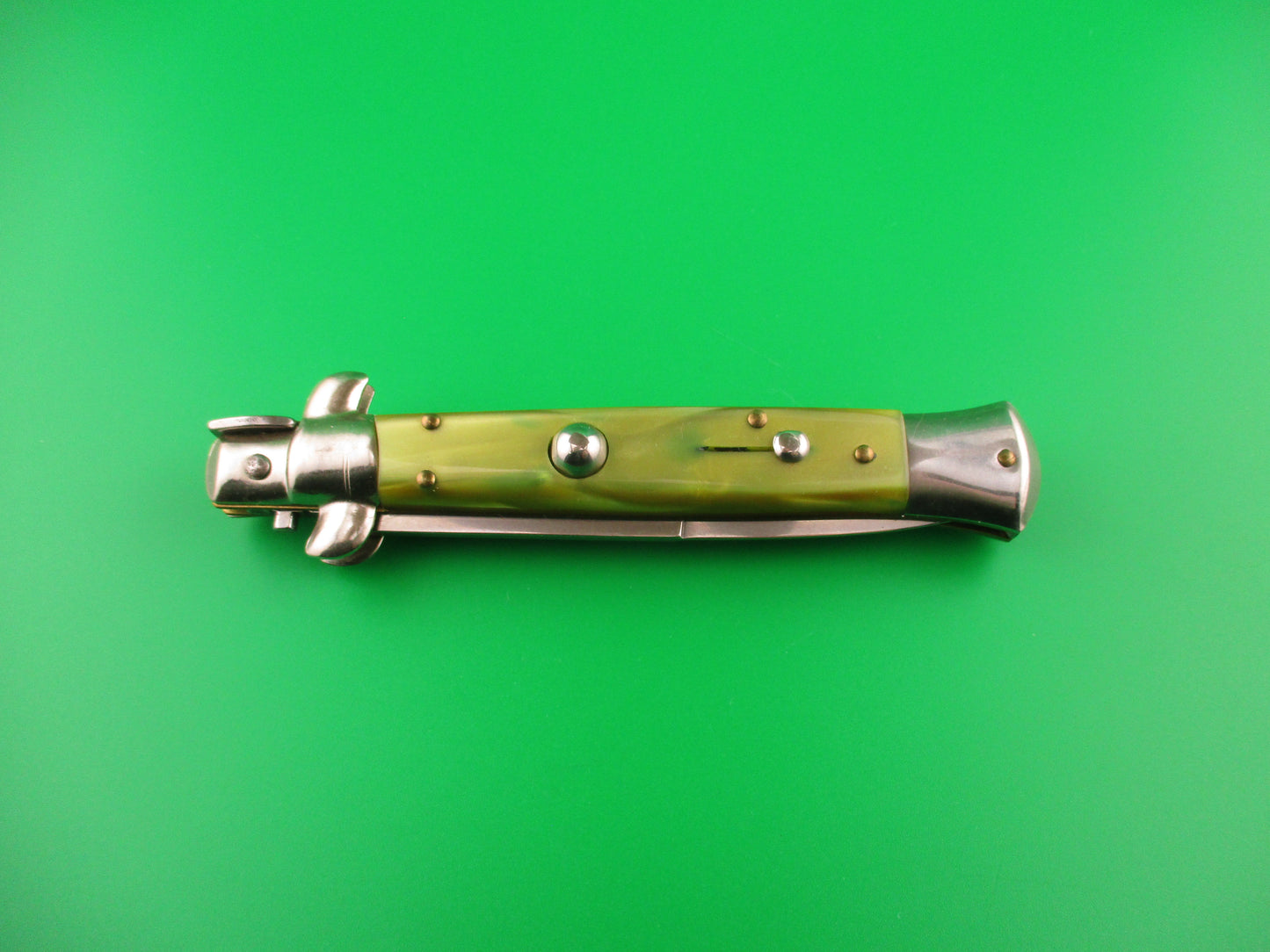 ITALY INOX 23cm Italian Stiletto Swivel Bolster vintage Green pearl automatic knife