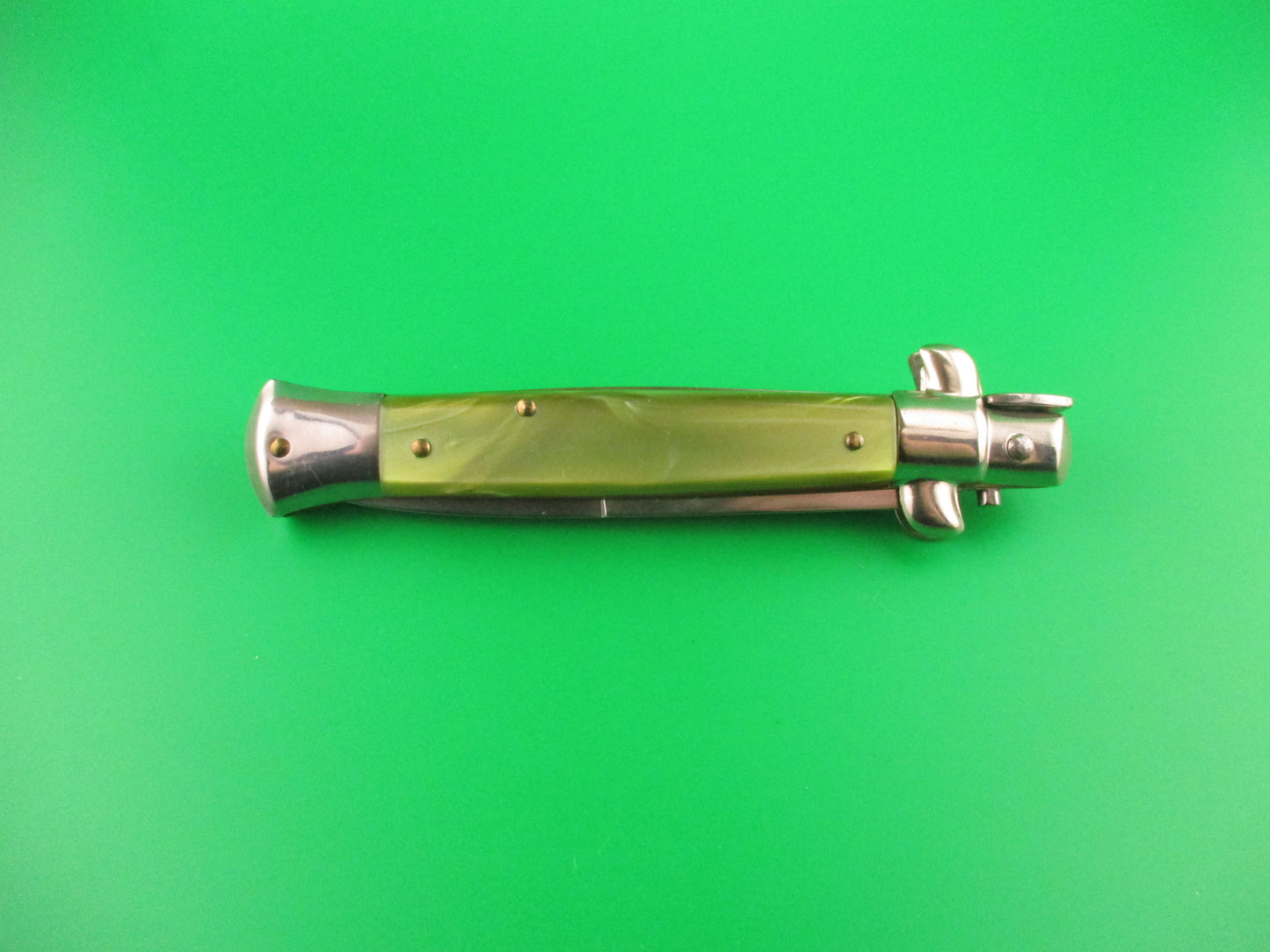 ITALY INOX 23cm Italian Stiletto Swivel Bolster vintage Green pearl automatic knife