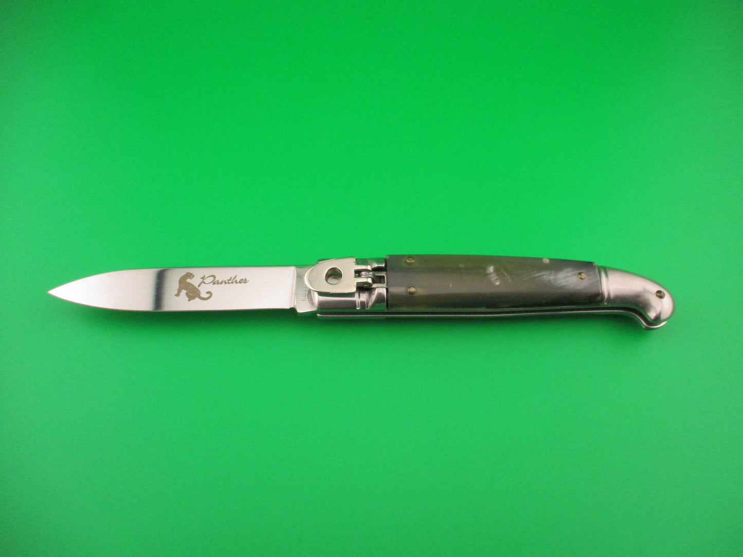 ROSTFREI Panther 20cm Italian Birds head lever automatic knife w green horn