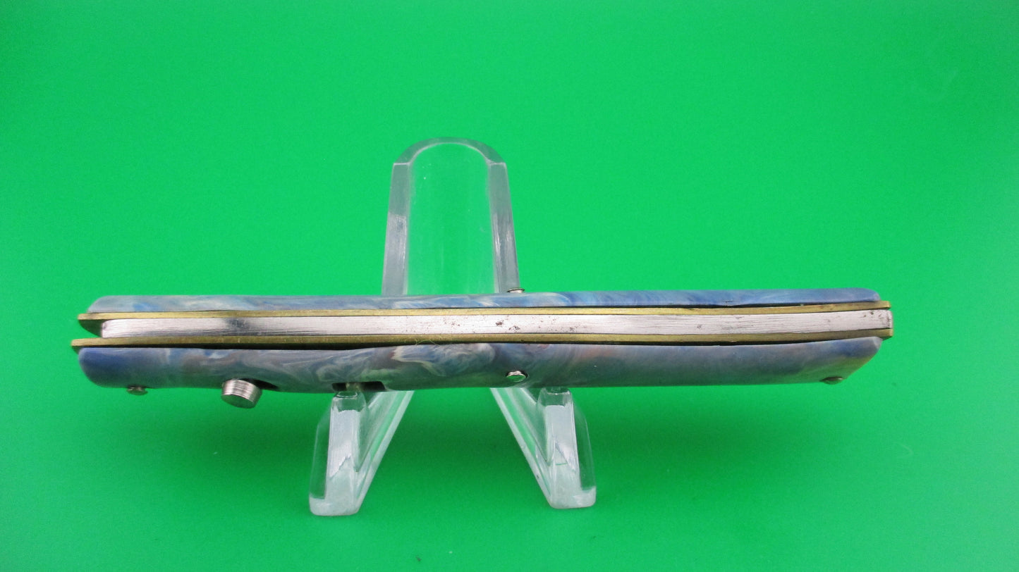 Edgemaster Fishtail Blue White Pink swirl 1950s vintage switchblade knife