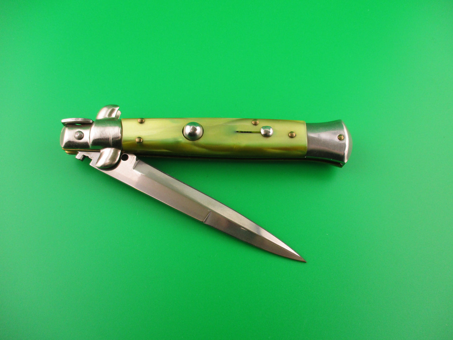 ITALY INOX 23cm Italian Stiletto Swivel Bolster vintage Green pearl automatic knife