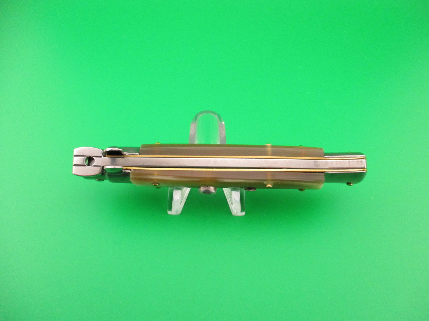 FRANK B 23cm Italian Stiletto Light Honey & Cream horn swivel bolster automatic knife