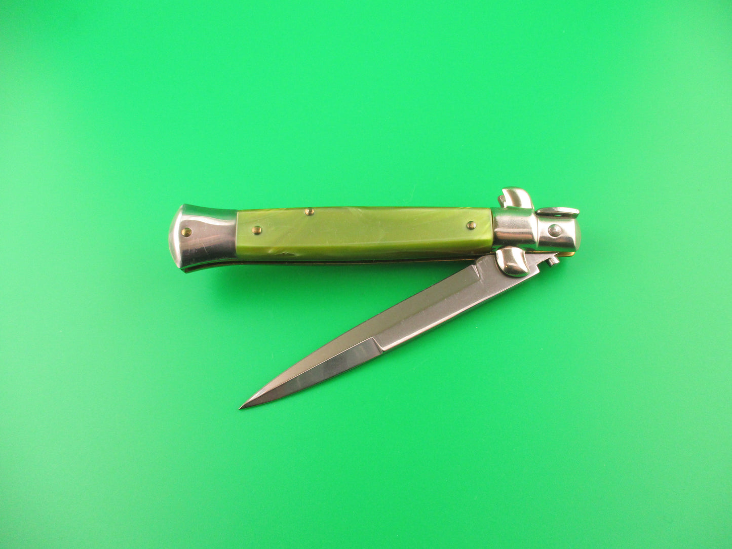 ITALY INOX 23cm Italian Stiletto Swivel Bolster vintage Green pearl automatic knife
