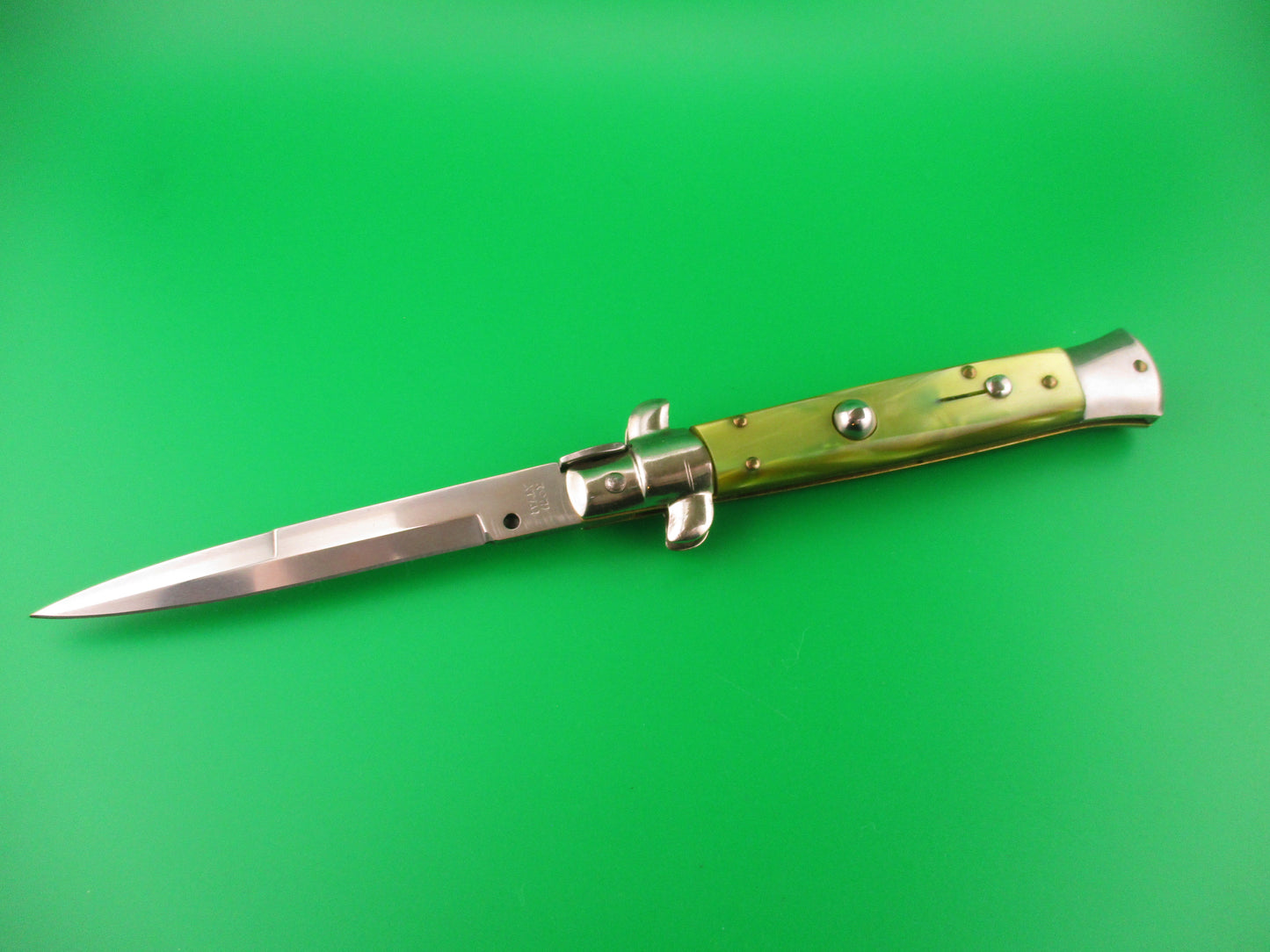 ITALY INOX 23cm Italian Stiletto Swivel Bolster vintage Green pearl automatic knife