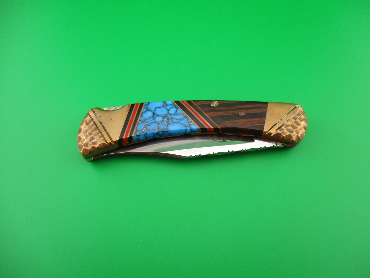 BUCK 110 BASH DANI SA Conversion Customized Navajo style Turquoise & Brass automatic knife